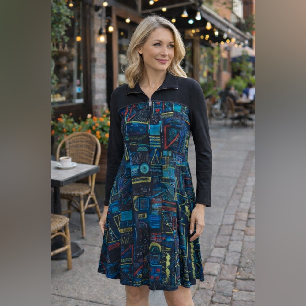 Dolcezza Chalkboard Geometric Graffiti A-Line Dress Zip Collar Size Medium